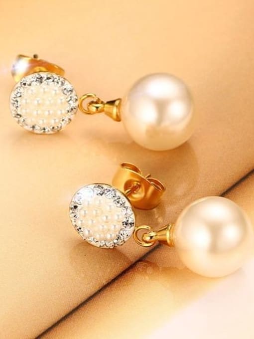 gold Elegant Round Shaped Artificial Pearl Titanium Drop Earrings