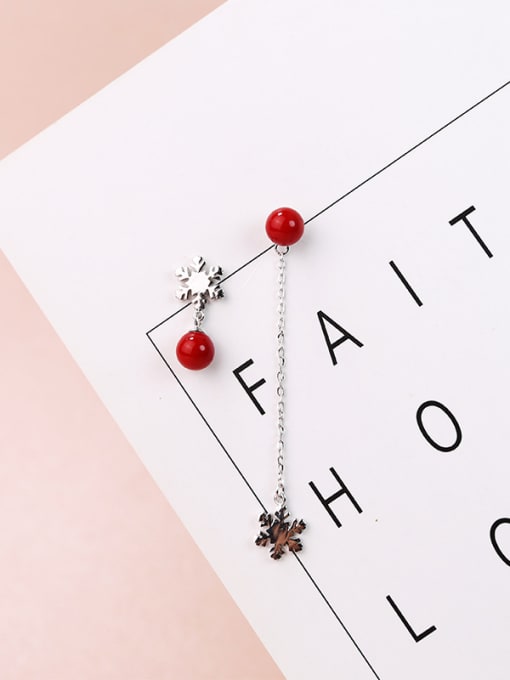 Peng Yuan Fashion Asymmetrical Little Snowflake Red Beads 925 Silver Drop Earrings 0
