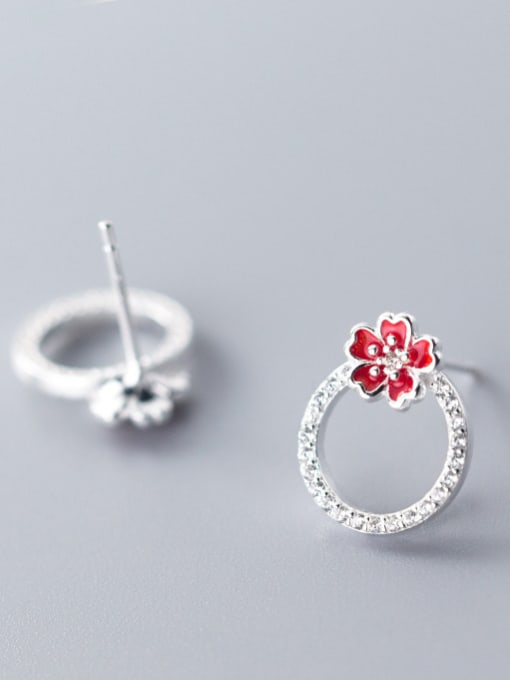 Rosh 925 Sterling Silver With Silver Plated Simplistic Red Plum Blossom Stud Earrings 1