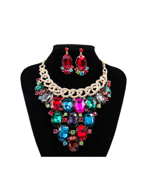 multicolor 2018 2018 Exaggerated Oval Glass Rhinestones Two Pieces Jewelry Set