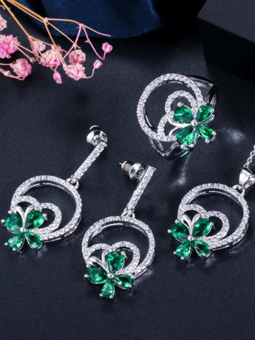 Green US 7 Copper With Cubic Zirconia  Delicate Flower 3 Piece Jewelry Set