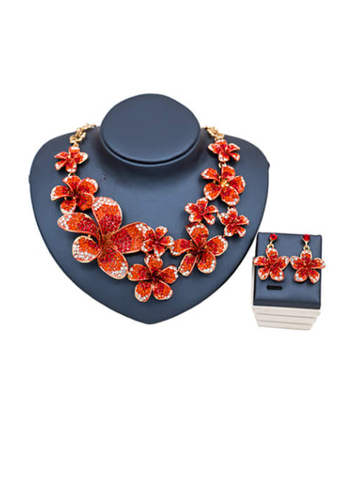Red Flower Glass Rhinestones Two Pieces Jewelry Set