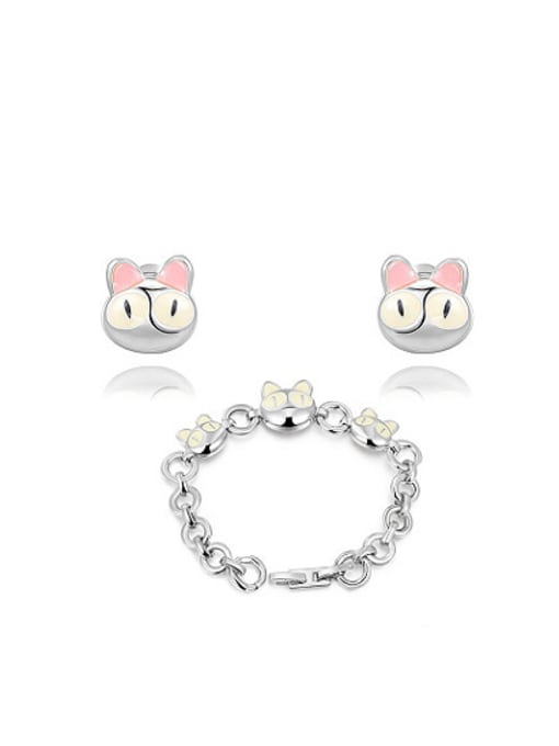 Platinum Lovely Cartoon Cat Shaped Enamel Two Pieces Jewelry Set