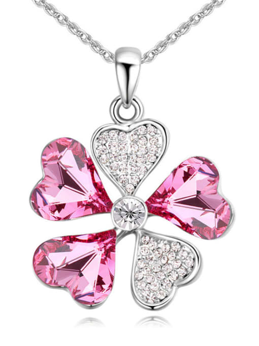 pink Shiny Heart austrian Crystals Flower Pendant Alloy Necklace