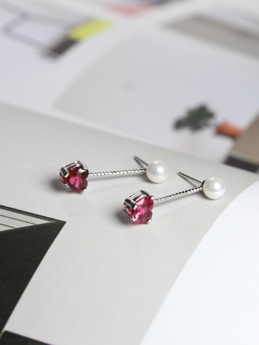 Peng Yuan Fashion Imitation Pearl Heart-shaped stone 925 Silver Stud Earrings 2