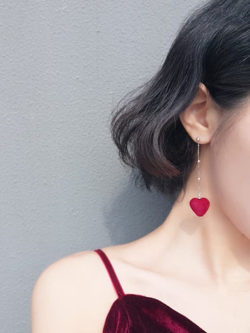 Peng Yuan Fashion Red Suede Heart 925 Silver Drop Earrings 1