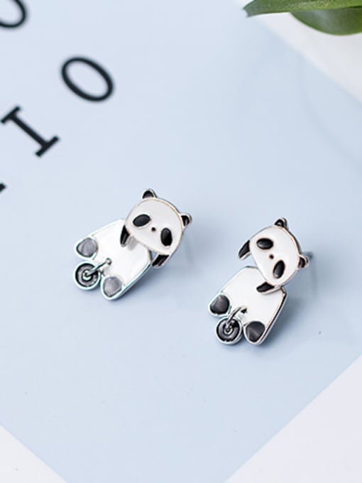 black Lovely Panda Shaped Glue S925 Silver Stud Earrings