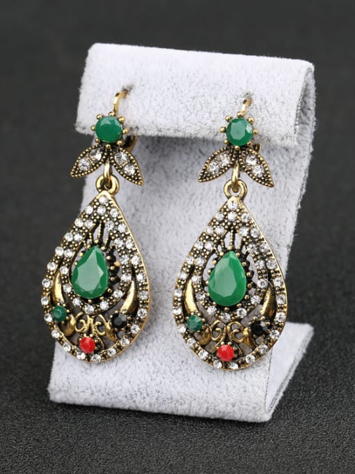 Gujin Retro Ethnic style Green Resin stones White Crystals Alloy Drop Earrings 2