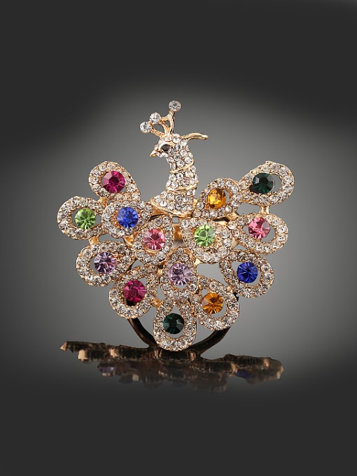 Wei Jia Exaggerated Colorful Rhinestones Peacock Gold Plated Alloy Ring