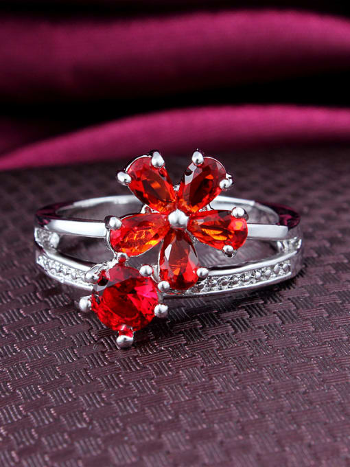 SANTIAGO Exquisite Red Flower Shaped 4A Zircon Platinum Plated Ring 2