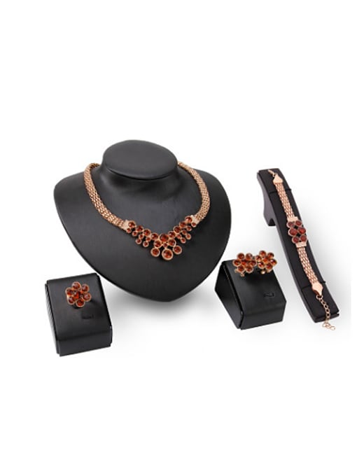 BESTIE Alloy Imitation-gold Plated Fashion Artificial Red Stones Flower-shaped Four Pieces Jewelry Set 0