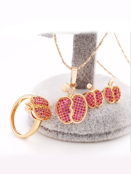 XP Copper Alloy 18K Gold Plated Fashion Creative Apple Zircon Three Pieces Jewelry Set 2