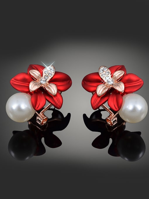 Wei Jia Fashion Red Flower Artificial Pearl Alloy Stud Earrings 0