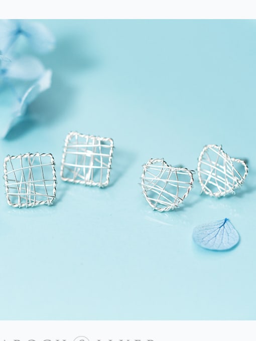 Rosh Sterling Silver square hollow lines love shaped square lace studs