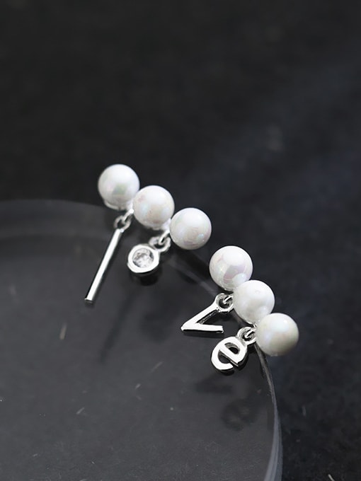 white Elegant Asymmetric Pearl Monogrammed Shaped Stud Earrings