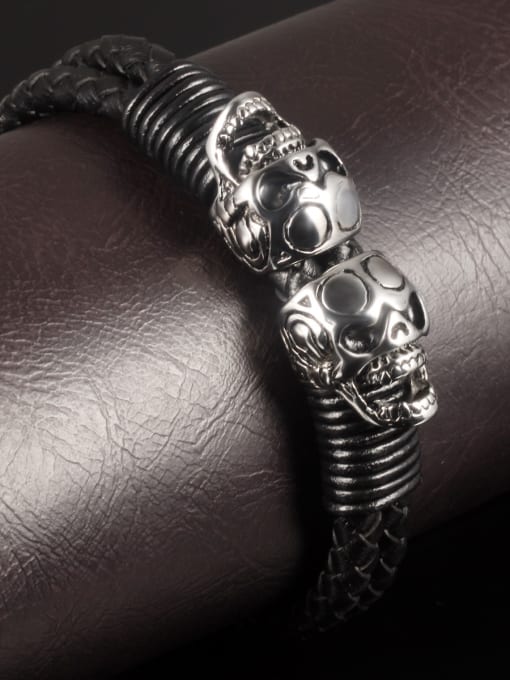 Open Sky Punk style Double Skull Titanium Artificial Leather Bracelet 1