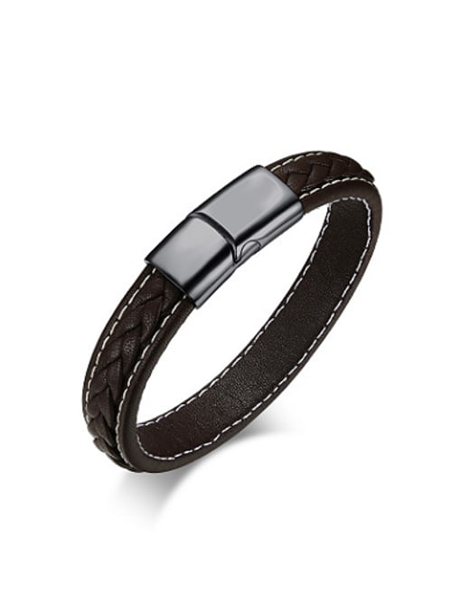 CONG Men Fashionable Black Artificial Leather Titanium Bracelet 0