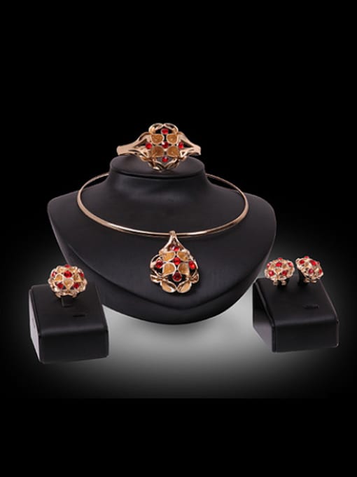 Red Alloy Imitation-gold Plated Fashion Rhinestones Flower shaped Four Pieces Jewelry Set