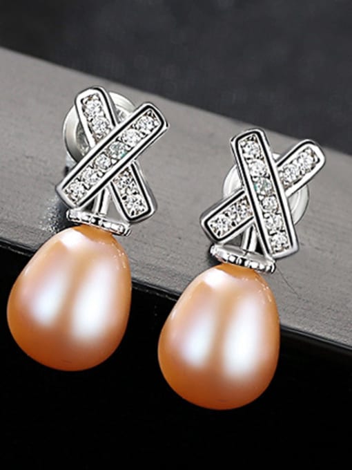 Pink Sterling Silver micro insert 3A zircon Letter X 7-8mm natural Pearl Earrings