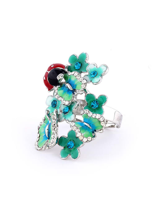 Green Exaggerated Butterfly Flower Ladybird Colorful Rhinestones Alloy Ring