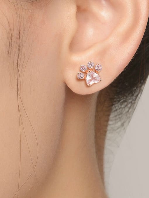 ZK Natural Pink Crystals Lovely Bear Foot-shape Stud Earrings 1