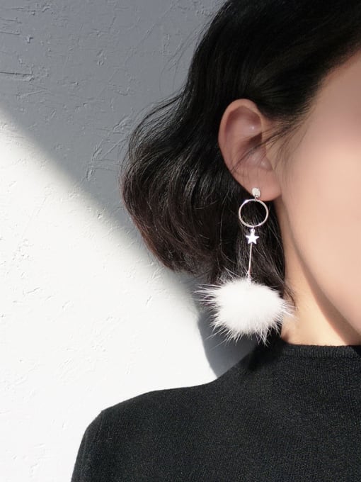 Peng Yuan Exaggerated White Fluffy Ball Tiny Star Hollow Round 925 Silver Drop Earrings 1