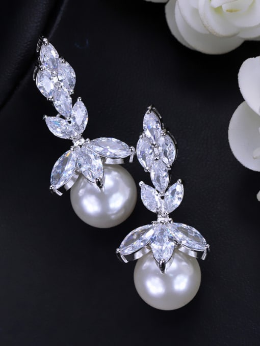 L.WIN Leaves-shape Shell Pearls Shining Zircons Two Pieces Jewelry Set 4