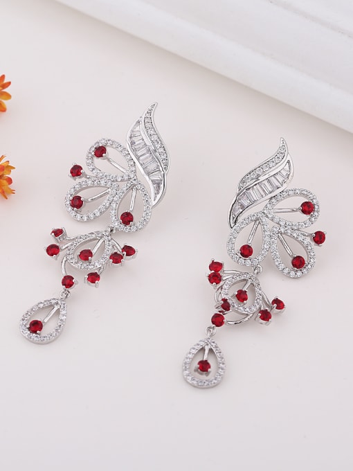 Red Elegant AAA Zirconias Platinum Plated Flowery Drop Earrings