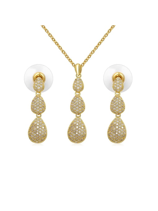 gold Copper With Cubic Zirconia  Delicate Water Drop Earrings And Necklaces 2 Piece Jewelry Set