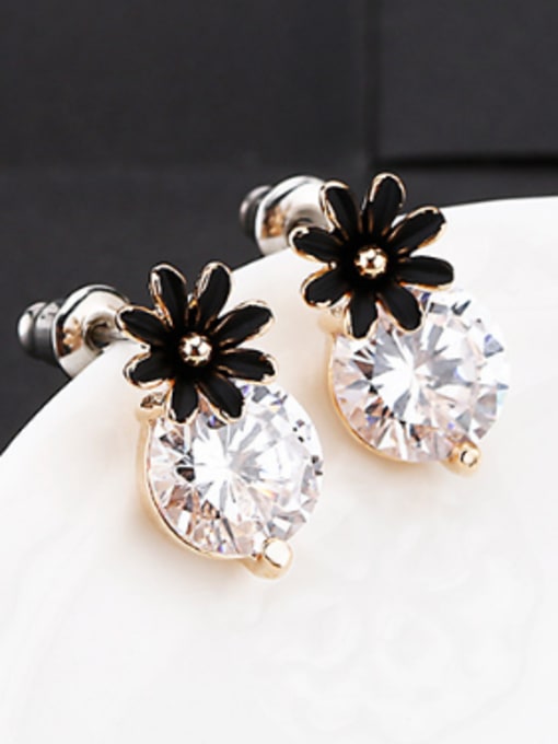 OUXI Fashion Black Flower Zircon Stud Earrings 1