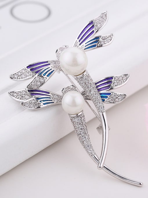Wei Jia Fashion Elegant Zirconias-studded Dragonfly Imitation Pearl Copper Brooch 1