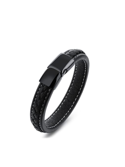 Open Sky Simple Black Artificial Leather Titanium Bracelet