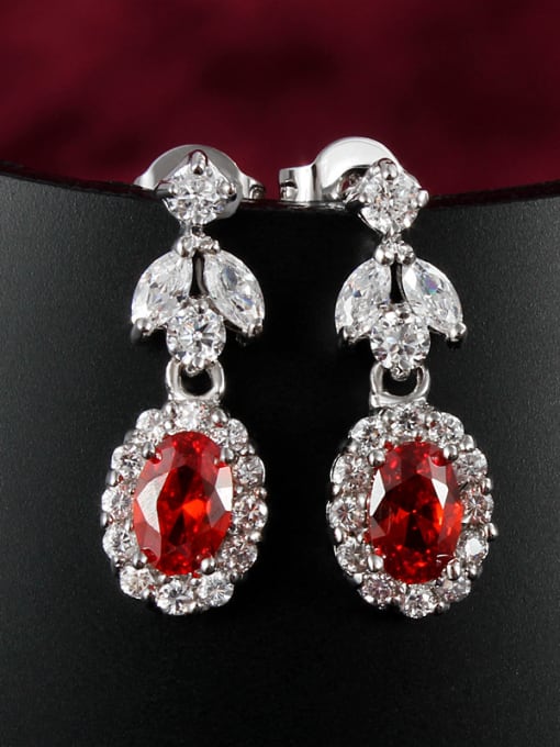 White Gold Exquisite Red Geometric Shaped Zircon Drop Earrings