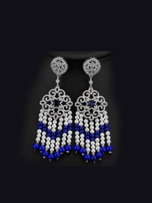 Blue Natural Pearls Tassel Drop Chandelier earring