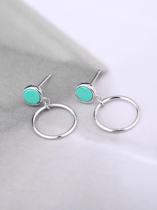 green Simple Stone Round Silver Earrings