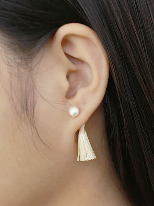 DAKA Fashion Freshwater Pearl Chinlon Tassels Silver Stud Earrings 1