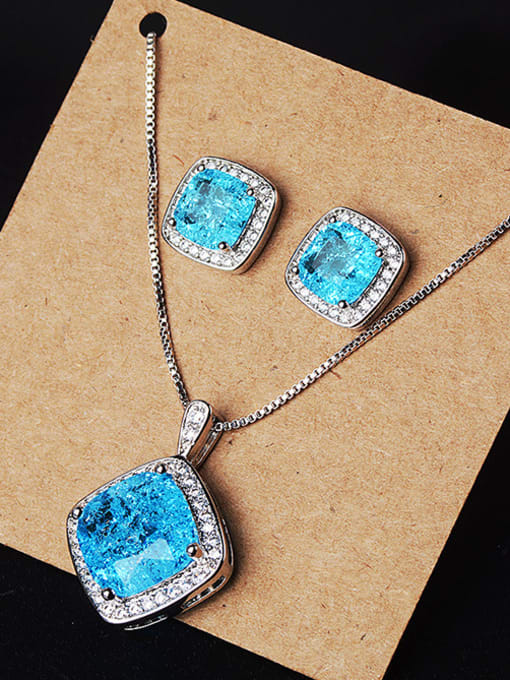 blue ear+necklace Copper With Glass stone Simplistic Geometric 2 Piece Jewelry Set
