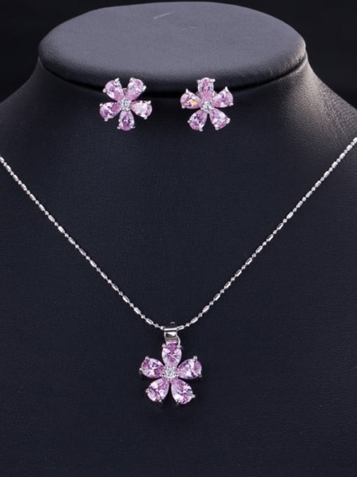 Pink Classic flower Zircon Earrings Necklace set (multi color optional)