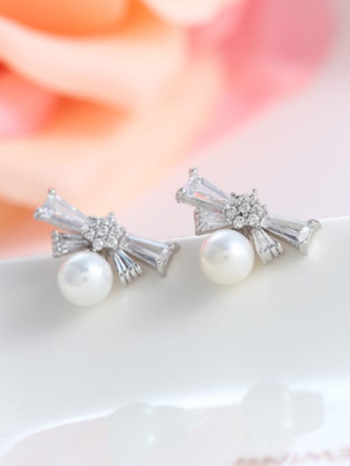 Wei Jia Simple Bowknot Artificial Pearl AAA Zirconias Stud Earrings 1