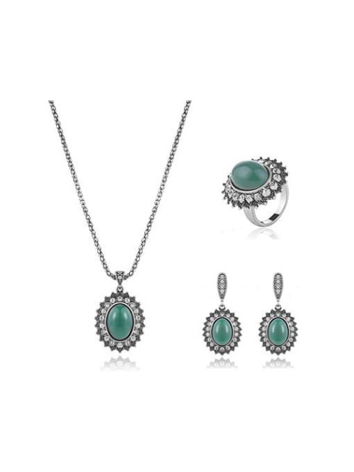 BESTIE Alloy Antique Silver Plated Vintage style Artificial Stones Oval Three Pieces Jewelry Set
