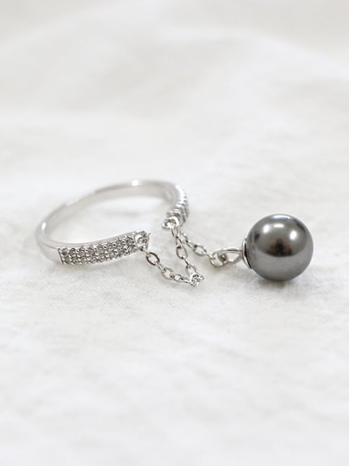 DAKA Personalized Black Artificial Pearl Tiny Zirconias Silver Opening Ring 0