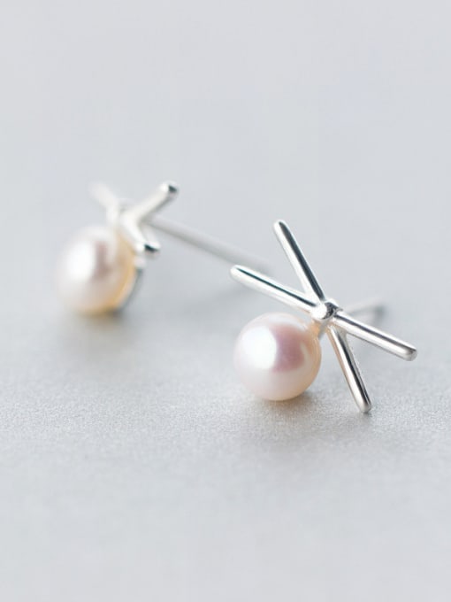 Rosh Exquisite Cross Shaped Artificial Pearl Silver Stud Earrings 1
