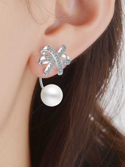 AI Fei Er Fashion Shiny Zirconias Bowknot Imitation Pearl Stud Earrings 1