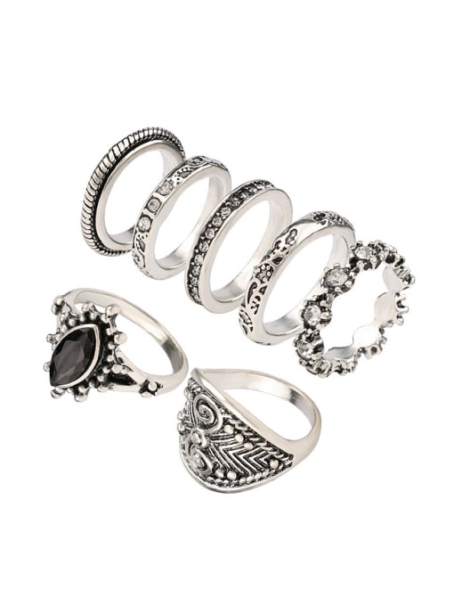 silver Retro style Black Resin Crystals Ring Set