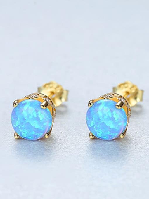 gold blue 925 Sterling Silver With Opal Cute Round Stud Earrings