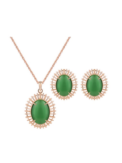 green Alloy Imitation-gold Plated Fashion Oval Artificial Stones Two Pieces Jewelry Set