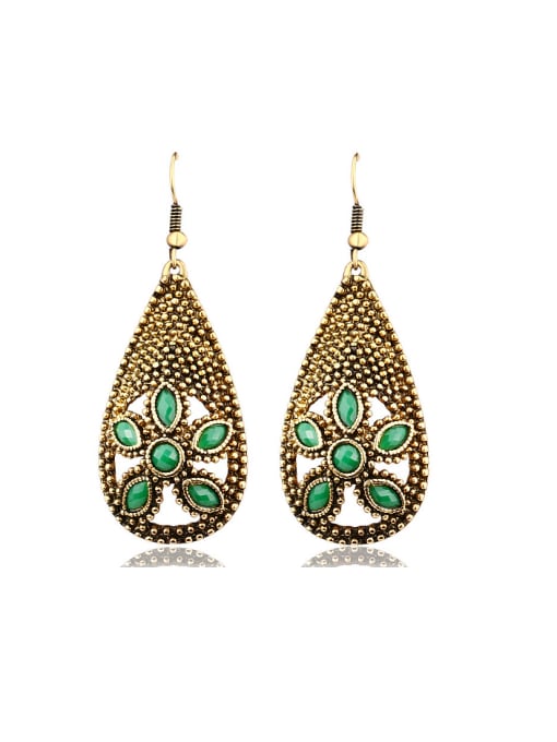 green Bohemia style Antique Gold Plated Resin stones Water Drop Alloy Drop Earrings