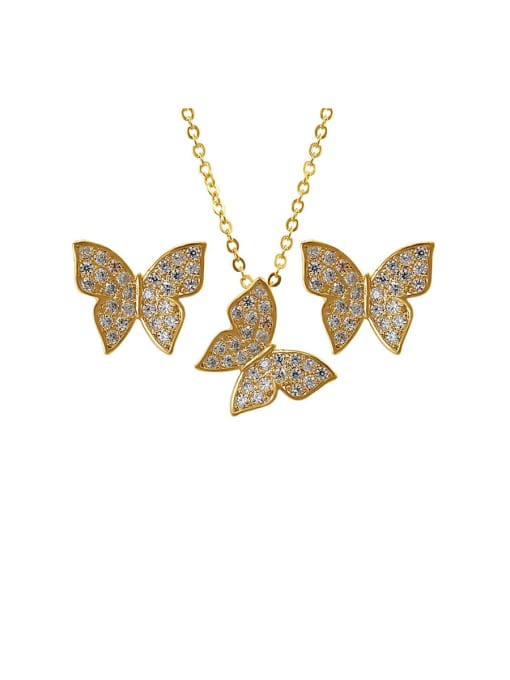gold Copper With Cubic Zirconia Cute Butterfly Pendant Earrings And Necklaces  2 Piece Jewelry Set