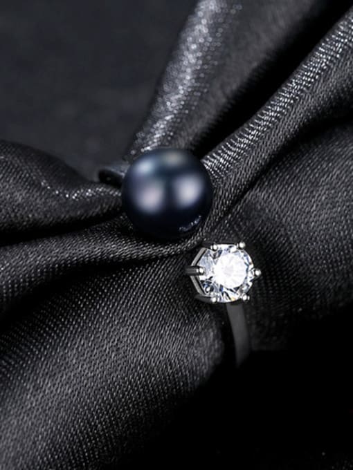 Black Sterling silver zircon natural freshwater pearl free size ring