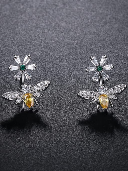 white yellow Copper With Cubic Zirconia Cute Insect Bee Stud Earrings